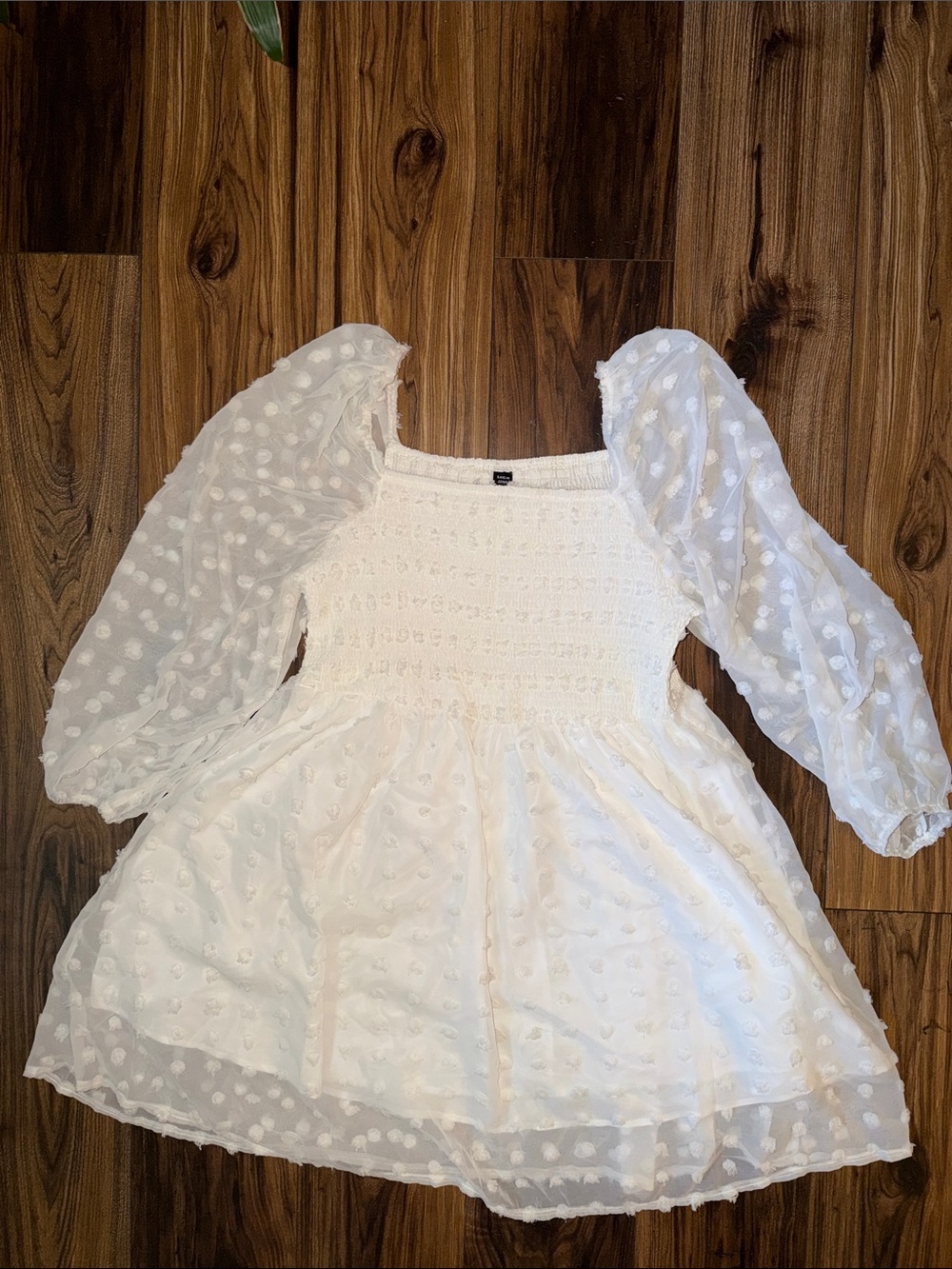 White Swiss Dot Puff Sleeve Smocked Mini Dress